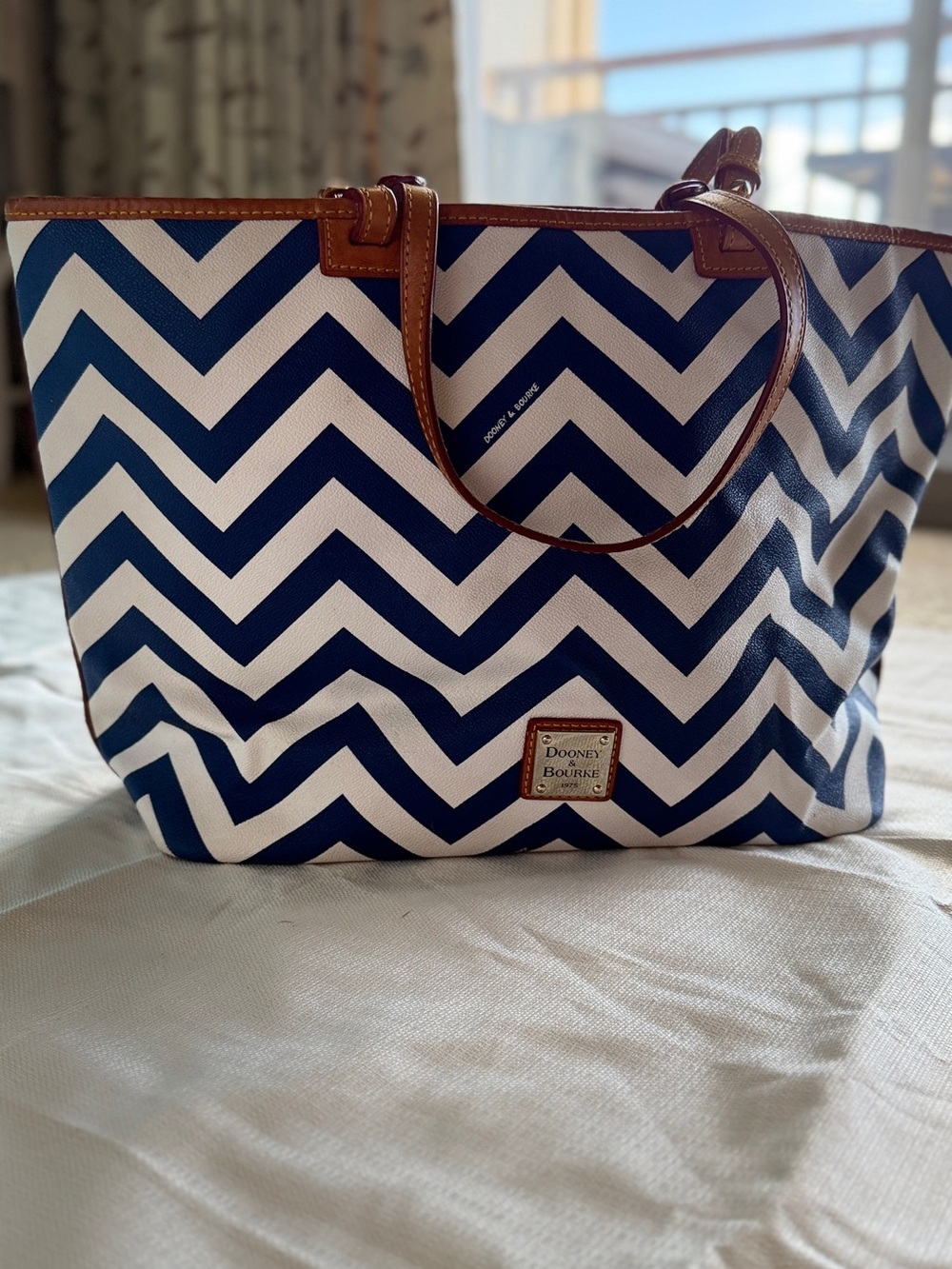 Dooney & Bourke Navy and White Chevron Tote with Brown Trim